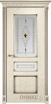 Дверь Оникс модель Версаль с декором цвет Слоновая кость патина коричневая сатинат витраж Бевелс золото