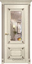 Дверь Оникс модель Мадрид цвет Слоновая кость патина коричневая зеркало гравировка Ромб