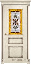 Дверь Оникс модель Версаль с декором цвет Слоновая кость патина коричневая сатинат витраж Желтый